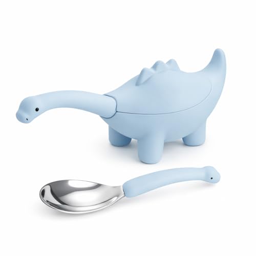 Image of Silicone Spoon for Baby, Blue Baby Feeding Spoon, Silicone Kids Spoon with Dinosaur Case, 1 Pc, Travel Friendly Mealtime Utensil, Daily Feeding Essential