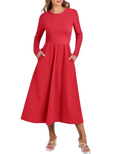 ANRABESS Women's Long Sleeve Midi Dress 2025 Fall Fashion Patchwork Ribbed Knit Tight Top Casual Flowy Swing Dresses Pockets Red Small