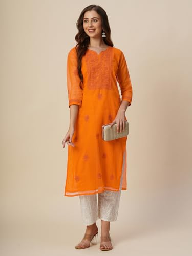 Image of RATAN Muga Cotton Straight Lucknowi Chikankari Ethnic Wear Kurta for Women