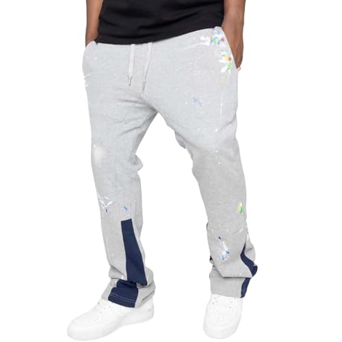 Mens Hip Hop Stacked Sweatpants Drawstring Elastic Waist Y2K Flared Jogger Pants Relaxed Fit Print Bell Bottom Pants