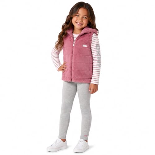 Image of DKNY Girls' Vest Set - 3 Piece Button Down Quilted Puffer Vest Long Sleeve Shirt and Flare Leggings Set (Sizes: 2T-6X)