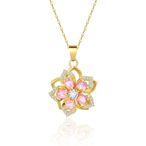 motoeye Stainless Steel Rotating Flower Pendant Necklace for Women - 5 Petal Flower Jewelry, Durable & Elegant Design|GOLD (Light Pink)