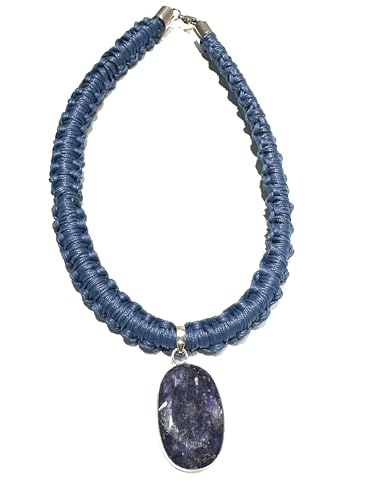Ras-de-cou en macramé pendentif racine saphir bleu 42cm collier