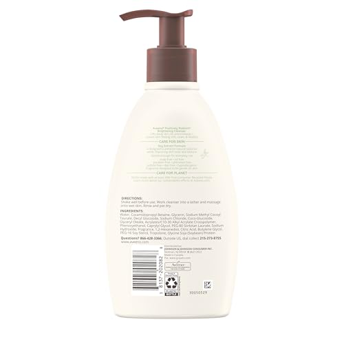 Aveeno Positively Radiant Brightening Facial Cleanser for Sensitive Skin, Targets Dull Skin, Moisture Rich Soy Extract, Non-Comedogenic, Oil- & Soap-Free, Hypoallergenic, 11 Fl. Oz
