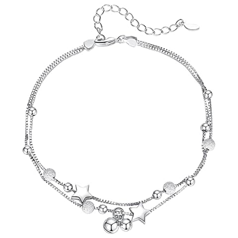 Silver Star Bracelet for Girl Women, Adjustable Double Layered Stars Bell Chain Charm Bracelets for Her | Anniversary Birthday Christmas Women Bracelets Gift Cover