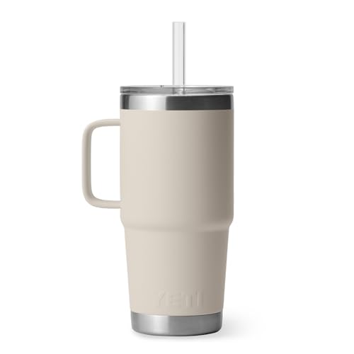Image of YETI Rambler 25 oz Tumbler with Handle and Straw Lid, Travel Mug Water Tumbler, Vacuum Insulated Cup with Handle, Stainless Steel, Cape Taupe