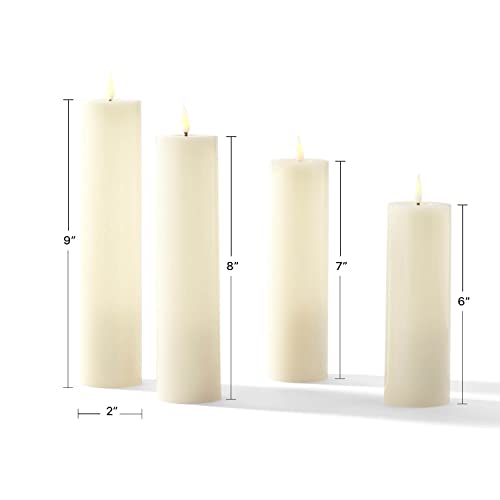 Flameless Pillar Candles, 2 Inch Diameter - 4 Pack, Remote Control And Batteries Included, Assorted Height, Flickering 3D Led Flame, Ivory Wax, Realistic Slim Pillar Candles For Valentines Day Decor #TOP1