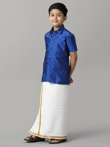 Image of RAMRAJ COTTON Boys Silk Cotton Shirt With Adjustable Cream Dhoti Perfect For Ceremonies| Festivals| And Special Occasions
