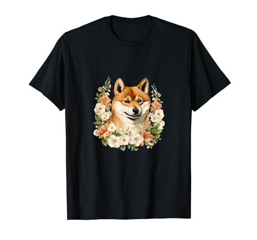 Shiba Inu Dog With Flowers Vintage Pastel Floral Border T-Shirt