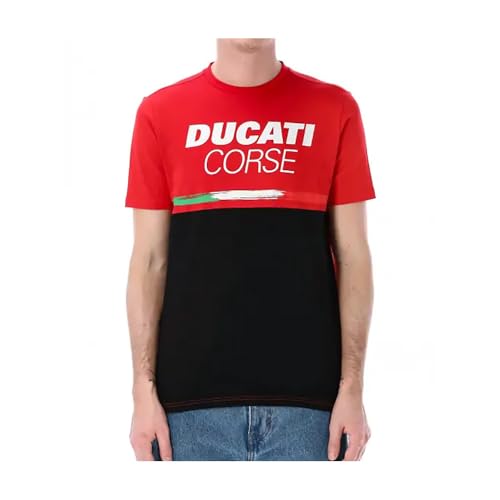 T-shirt da uomo della collezione ufficiale Ducati Racing. Base rossa con pannello nero a contrasto. Logo Ducati Corse sul petto e scudetto sul retro del colletto. Composizione: 100% cotone