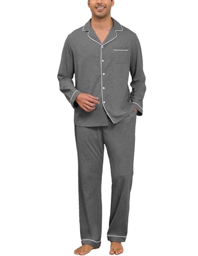 Image of Veseacky Mens 100% Cotton Pajamas Set Long Sleeve Button Down Sleepwear Soft Loungewear Pjs with Pockets