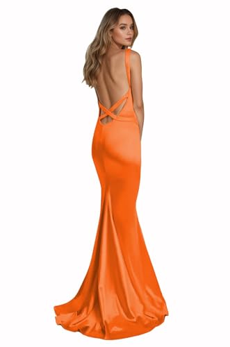 Women's Mermaid Prom Dresses 2025 V Neck Satin Backless Long Formal Evening Gown Plus Size Orange