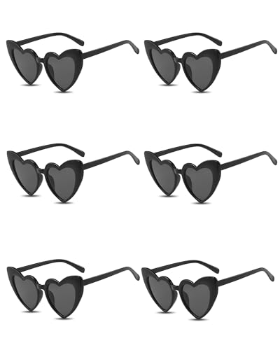 PLULON 6 Pairs Heart Sunglasses for Women Heart Love Shaped Glasses Vintage Black Sunglasses Retro Lovely Fashion Cute Sun Glasses Suitable for Bachelorette Party Favors