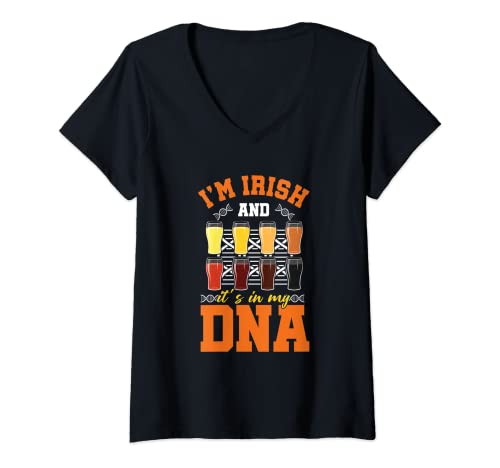 Mujer DNA irlandés Día de San Patricio Cerveza Leprechaun Shamrock Verde Camiseta Cuello V