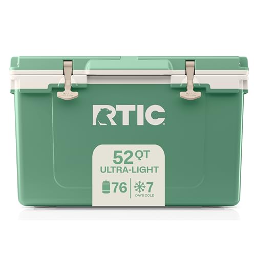 RTIC Ultra-Light 52 Quart Hard Cooler Insulated Portable Ice Chest Box for Beach, Drink, Camping, Picnic, Fishing, Boat, Barbecue, 30% Lighter Than Rotomolded Coolers, Sage/Beach