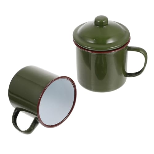 Image of DOITOOL 2pcs Enamel Coffee Mugs with Lid Large Capacity Green Cups Smooth Surface Comfortable Grip for Tea Hot Drinks and Outdoor Use