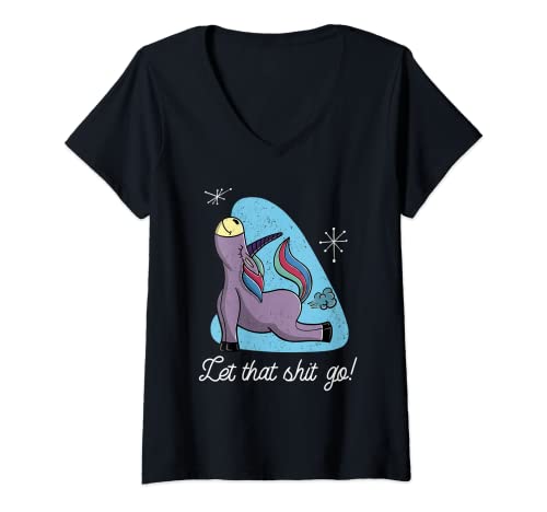 Mujer Funny Unicorn Yoga Let It Go! Diseño de dibujos animados retro Mujeres Camiseta Cuello V