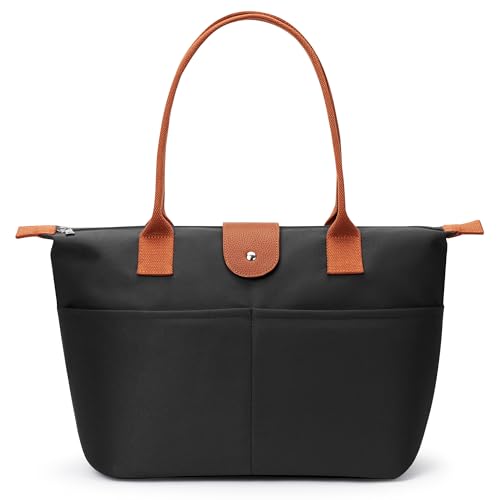 DIXEIGHT Nylon Tote Bag Women Zipper Shoulder Purse Large Hobo Top Handle Foldable Handbags for Work Travel Shopping, Black