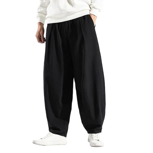 Men Korean Wide Leg Pants Mens Loose Casual Cotton Harem Pants Soild Color Japanese Joggers Linen Trousers