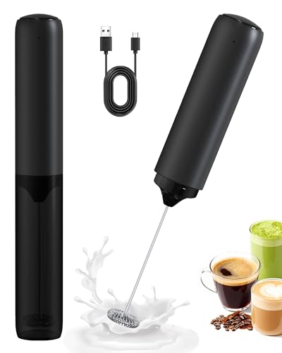 Soenglyun Rechargeable Milk Frother with Cover, Easy to Carry Drink Mixer Handheld, Electric Frother Wand for Coffee, Latte, Cappuccino, Frappe Drink, Hot Chocolate, Black