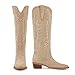 ISNOM Cowboy Boots for Women Knee High Cowgirl Boots with Classic Embroidered Pointed Toe Chunky Heel Pull On Fashion Retro Western Tall Boots (Apricot Size9)