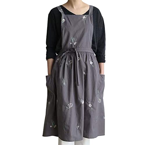 Barrageon Weiblich Küchenschürze Arbeitsschürze Lässig Baumwolle Leinen Schürze Garten Arbeit Kleid Backen Zuhause Küche Kochen Catering Kommerzielles Restaurant 2 Taschen(Dunkelgraue Blume) Cover