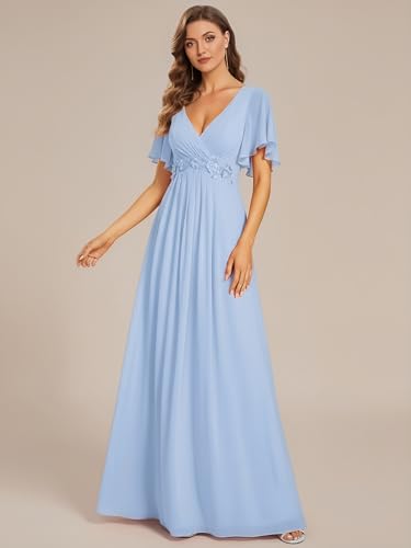 Image of Ever-Pretty Women's Spring Short Sleeve Bridesmaid Dresses V-Neck Chiffon Ruched Empire Waist Appliques Long Formal Dress