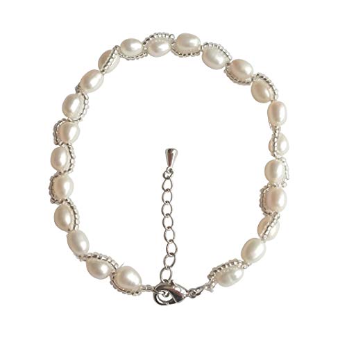 Preisvergleich Produktbild ELAINZ HEART Perlenkettchen Fußkettchen Knöchelarmband mit Perlen für Damen, längenverstellbar 7-8 mm weiße ovale Perle