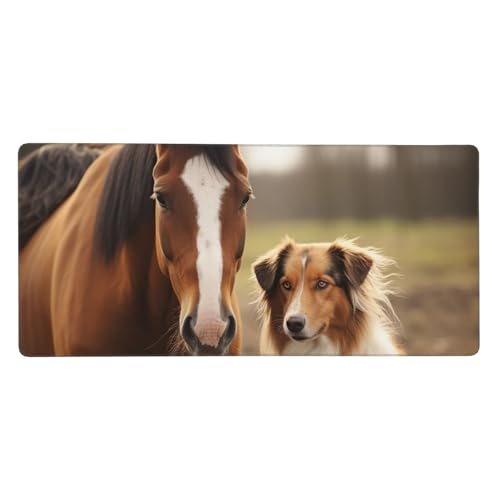 Tapis de souris de jeu XXL 40x90cm avec base antidérapante motif chien et cheval pour bureau