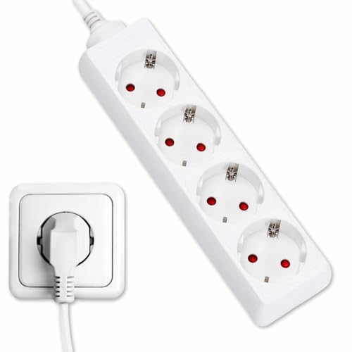 TECHZOCO Regleta Alargador con 4 Enchufes, Regleta de enchufes para el hogar, Base de enchufes schuko sin Interruptor, MAX 3680W, 16A, 250V, H05VV-F 3G1m㎡, Blanco, Longitud del Cable 1.50 Metros