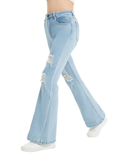 EXARUS Girls Flare Jeans Bell Bottom Teen Denim Pants Flared Ripped Cute Bootcut Mid Rise Elastic Band Pockets Kids3