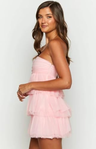 Short Homecoming Dresses for Teens Mini Zipper Strapless Pleated Ruffle Tulle Prom Party Dress DN0533