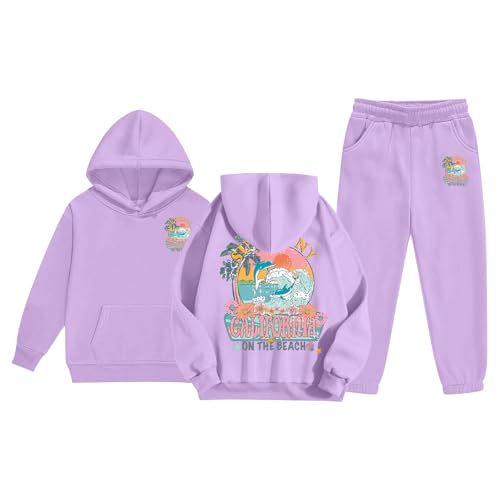 Generisch Sudadera para niña, niña, niño, niño, chándal con capucha, unisex, ropa de dos piezas, sudadera, pantalones de chándal para niños, morado, 12-13 años