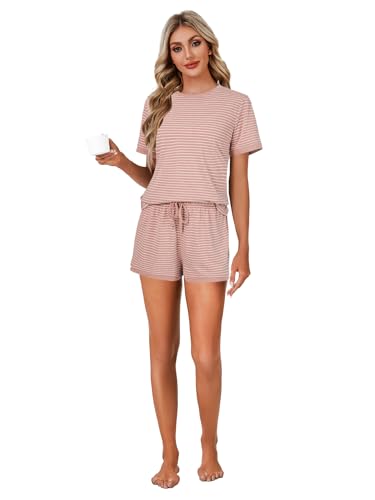 Image of LYANER Pajama Set for Women 2 Piece Lounge Set Striped Crew neck Short Sleeve Tops and Shorts Soft Sleepwear