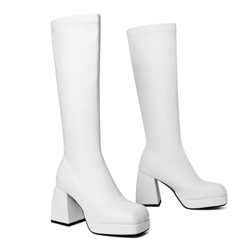 Yallmay Women's Tall Knee High Square Toe Chunky Heel Platform Boots