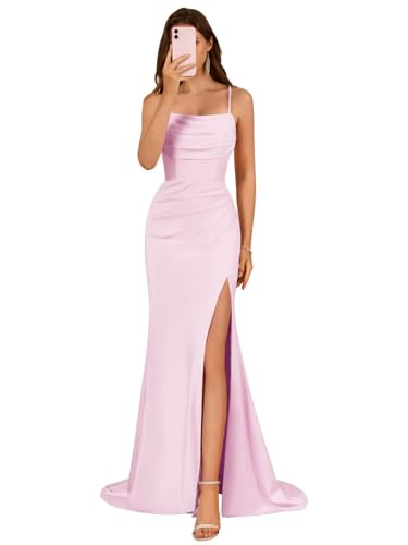 Image of Satin Bridesmaid Dress for Women 2025 Spaghetti Straps Mermaid Prom Dresses with Slit Evening Dresses KN003