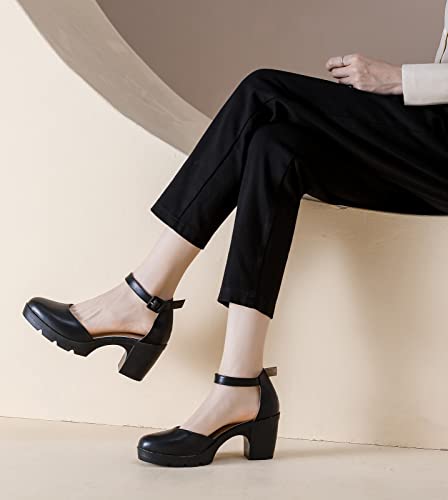 DADAWEN Women's Closed Toe Low Block Chunky Heels Round Toe Ankle Strap Wedding Work Dress Pump Shoes3