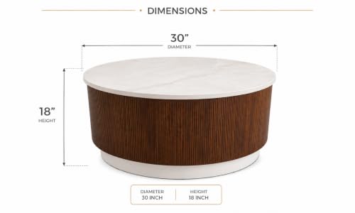 Image of WOODEN SPACE Round Marble-Top Wooden Center Table for Living Room | Modern Entryway Furniture | Coffee Table - 30X30X18 Inch (Fluted Brown)