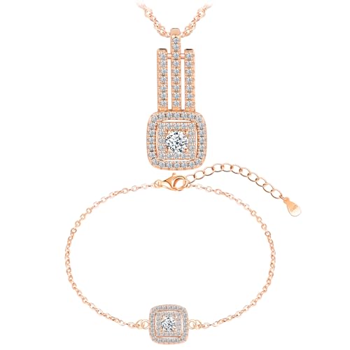 Juego de joyas de plata esterlina 925 con pulsera cuadrada de zirconia y collar colgante para mujer