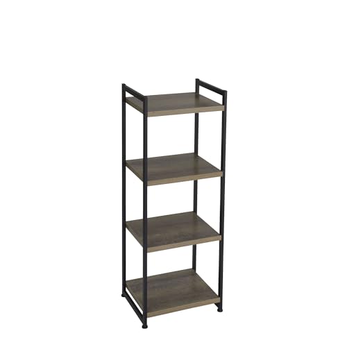 Household Essentials 4 Tier Storage Tower Shelf with Metal, Grey Shelves – Black Frame, Ashwood