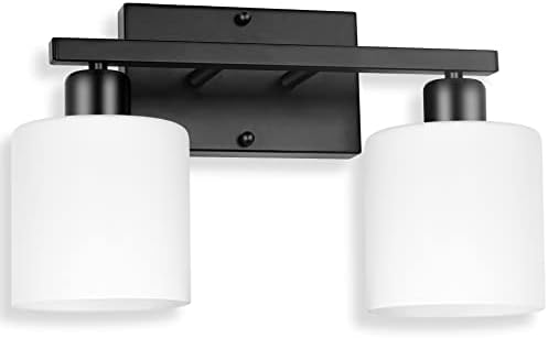 Dekang Bathroom Light Fixtures Over Mirror, Anti-Rust Matte Black Vanity Lights 15 Mid Century Modern 2-Light Wall Sconces, Milky White Glass Shades, E26 Standard Socket, Bulbs Not Included