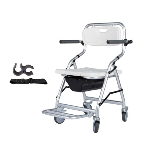 HMLSYZX Taburete de Ducha Plegable con Ruedas para Personas Mayores, Taburete de Ducha Plegable con Frenos y Respaldo Desmontable, Silla con Inodoro con Ruedas, Color Blanco