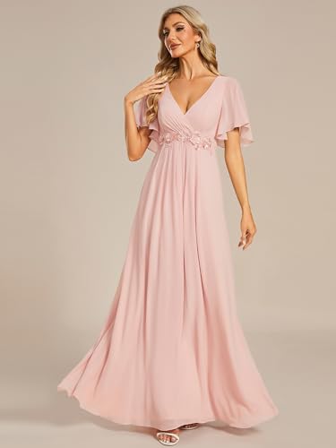 Image of Ever-Pretty Womens V Neck Applique Mother of the Bride Dresses Formal Dress | Chiffon, Short Sleeves, Ruched, A-Line, Bridesmaid Dresses, Formal Gown, Black Tie Dress
