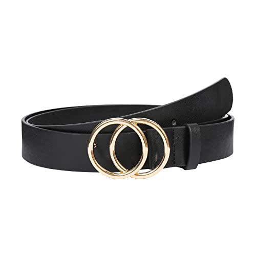 Women's Wide Double Buckle Leather Belt, Black