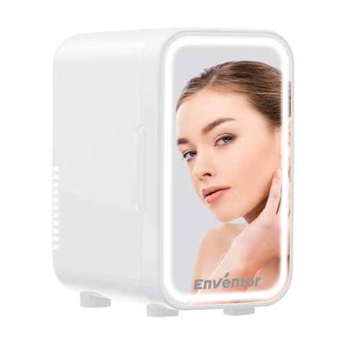 Enventor 6L 8 Latas Nevera Pequeña Blanco, Mini Frigorifico con Enfriador y Calentador, Espejo con Luz LED Regulable, Alimentación Dual, Mini Nevera para Habitacion, Oficina y Coche