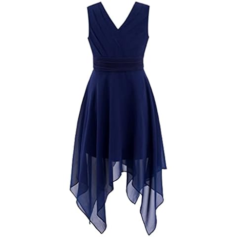 JEATHA Kids Flower Girls Chiffon V Back Wedding Bridesmaid Dress Asymmetric Hem Pleated Waist Formal Prom Party Gowns Navy Blue 10 Years Cover