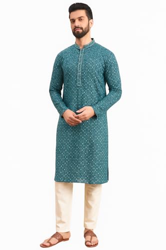 Image of Amazon Brand - Tavasya Men Rayon Geometric Embroidered Mandarin Collar Straight Kurta