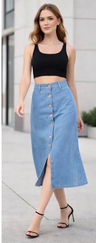 Image of Western Trending Stylish Flared Comfortable Solid Long Denim Skirt for Women & Girls