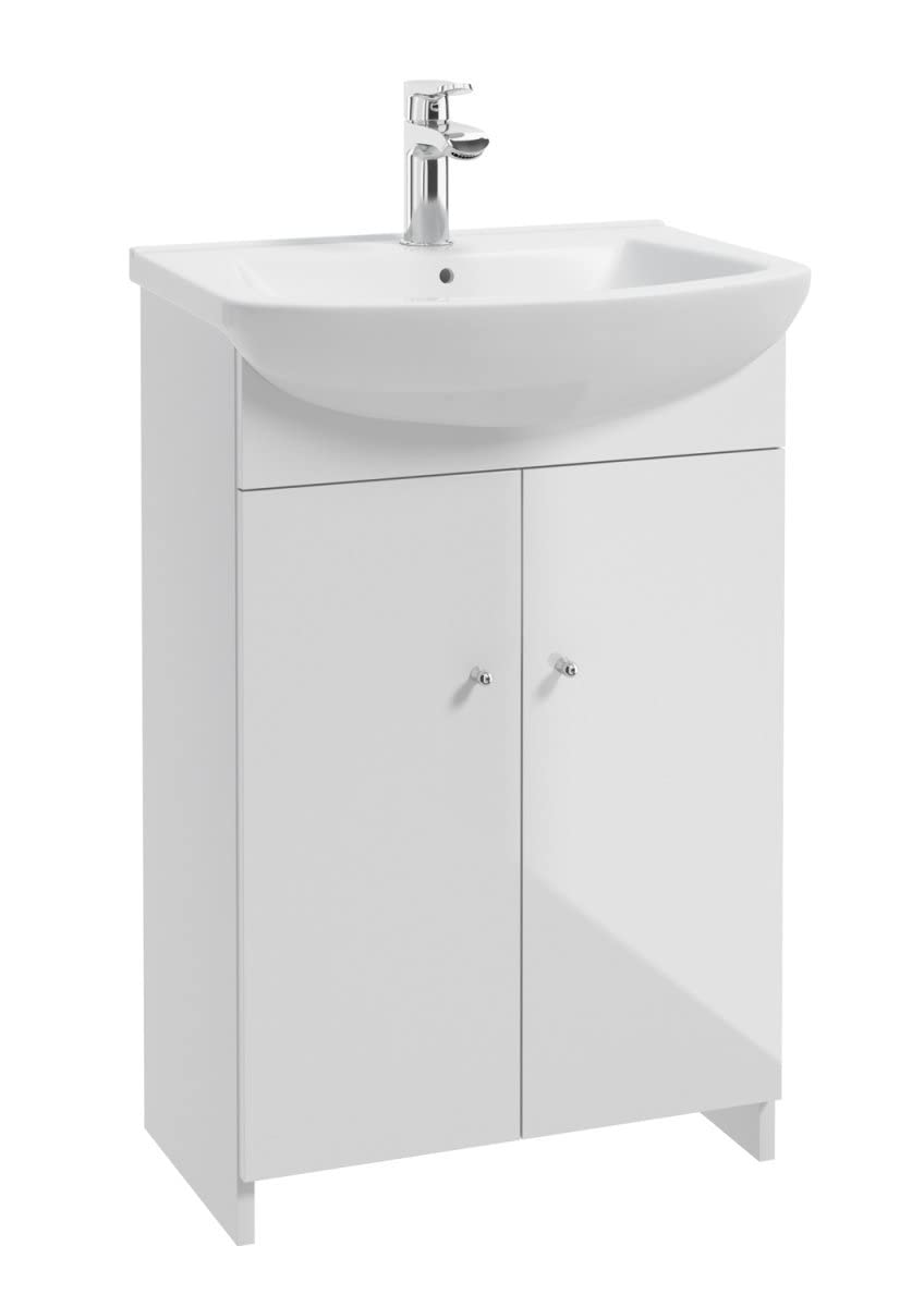 VBChome Badmöbel Set 55 cm Weiß Waschbecken mit Unterschrank Waschtisch Chromgriffe 2-Türen Waschbeckenunterschrank Badezimmerschrank Badschrank
