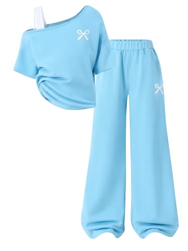 Image of Teen Girls Clothes Off the Shoulder Top and Wide Leg Pants Matching Outfit Set with Pockets Size 7-16